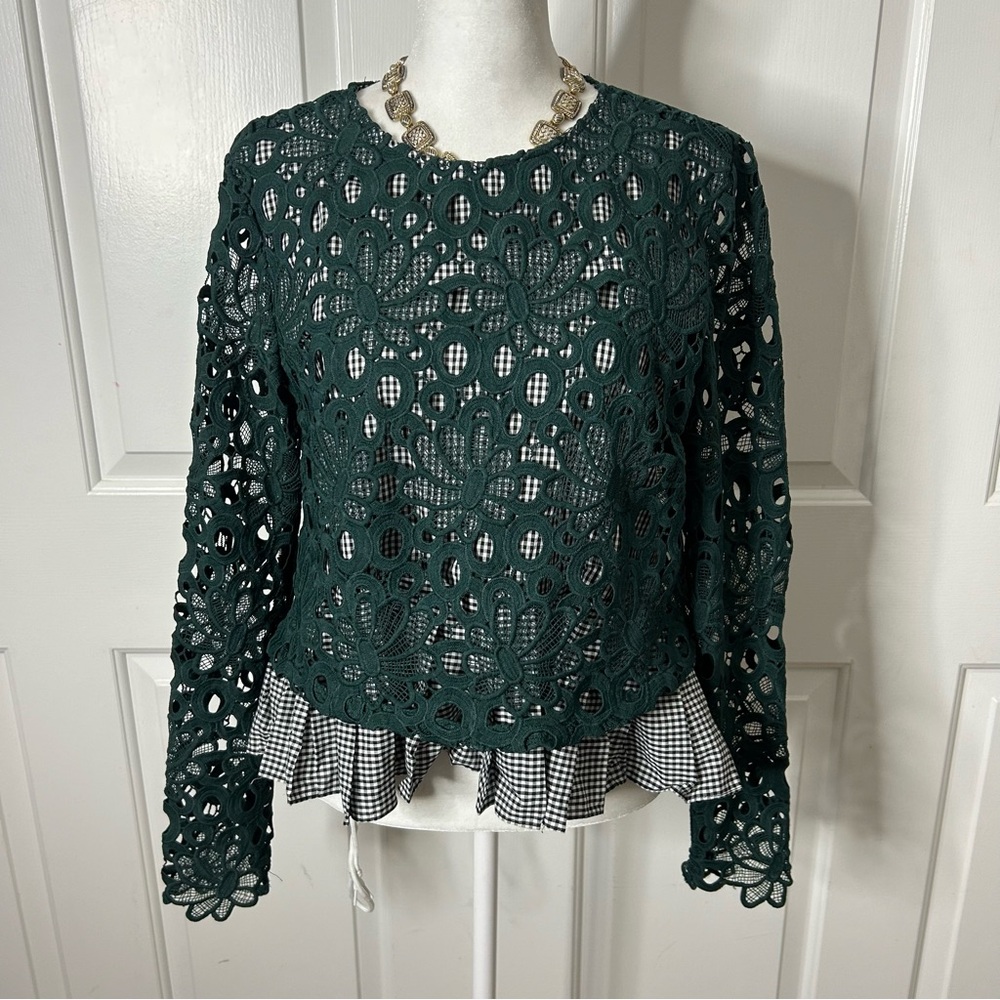 Anthropologie Maeve Green Pleated Lace Top Gabriella Gingham (size small) - Picture 2 of 10
